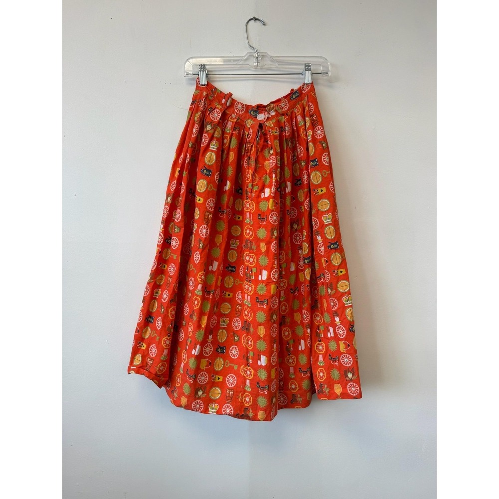 Vintage Tropical Fruit Skirt 25" Orange Red Midi Pleated‎ Handmade High Waist